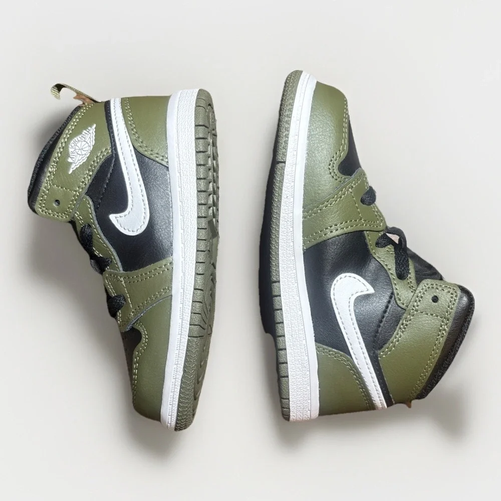 *NEW* TODDLER BABY NIKE AIR JORDAN 1 MID (TD) BLACK/WHITE-OLIVE (DQ8425 092) 8c